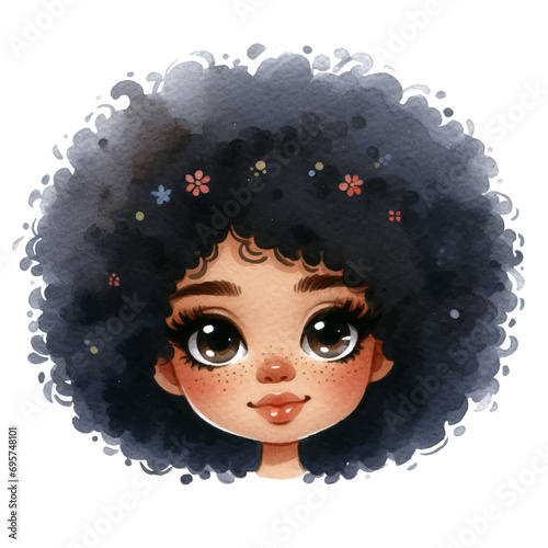 cute afro girl smile face water color isolated white background