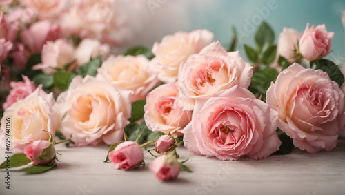 Pink flowers Summer blossoming delicate rose on blooming flowers festive background, pastel and soft bouquet floral card ai image  © kinza