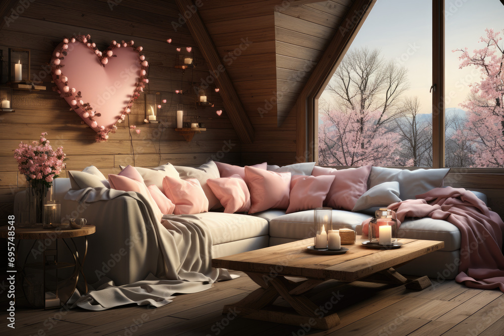 Romantic Retreat Modern Valentine's Living Room, modern living room decorated for valentine