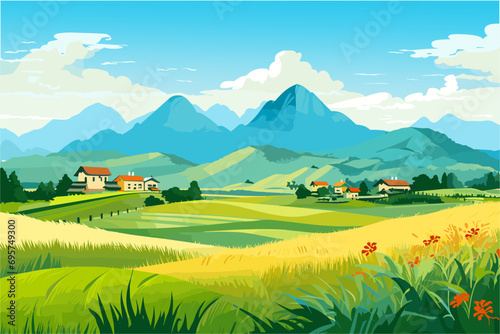 illustration vector of a landscape with mountains, sky and village houses © meysam