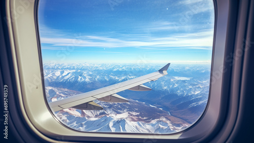 Airplane window view of an impressive mountain range, AI Generative.