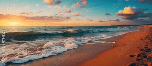Gorgeous close beach sunset, boundless hazy horizon, mesmerizing sunshine. Relax, calmness sandy shore, sunbeams. Positive peacefulness ocean panorama. Summer beachscape elegance. © TheWaterMeloonProjec