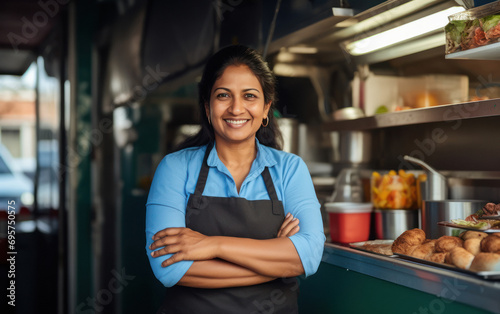 middle aged indian woman standing with street food truck photo