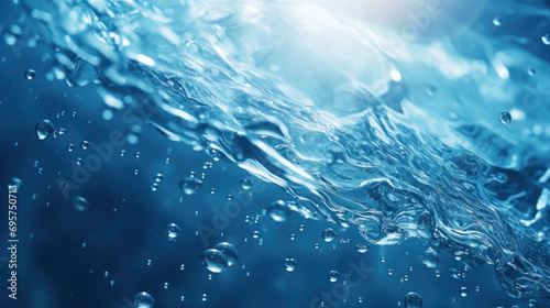 Background of water wave with oxygen bubbles in the underwater clear liquid flowing up to the water surface.