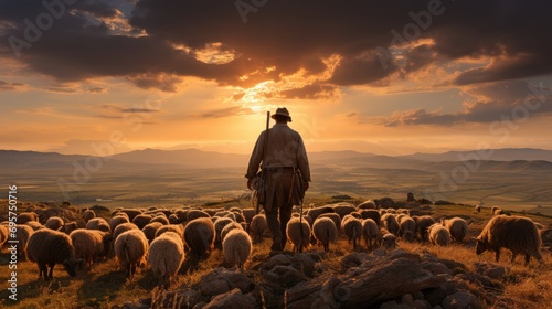 agriculture with sheep and farmer photo