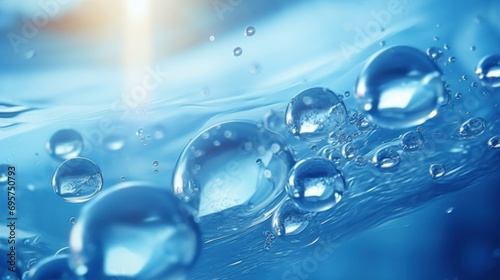 Background of water wave with oxygen bubbles in the underwater clear liquid flowing up to the water surface.