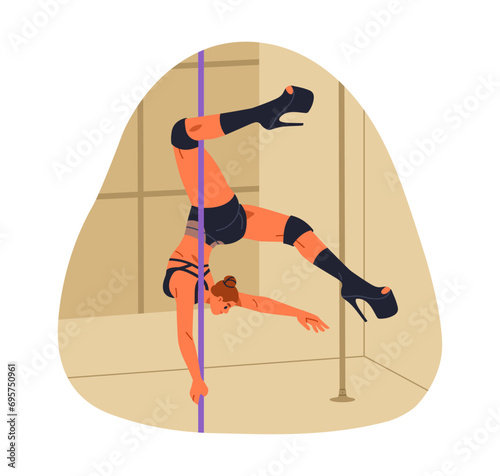 Dancer performing pole dance, twisted pose on bar. Flexible girl in poledance...