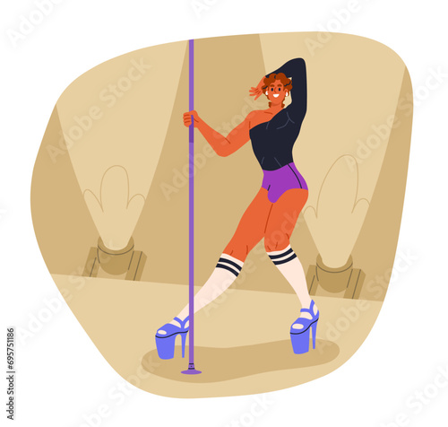 Dancer performing pole dance at show. Sexy man in high heels at erotic poleda...
