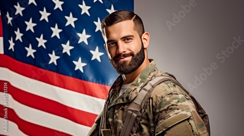 U.S. military soldiers in uniform on U.S. flag background photo
