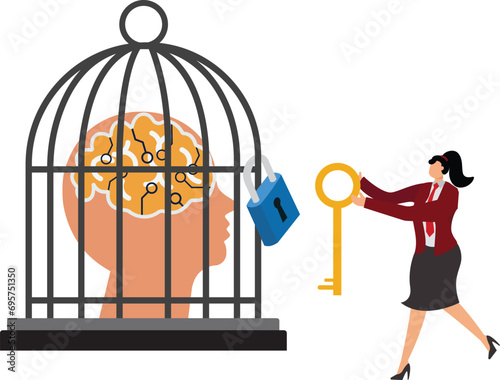 Suppressed artificial intelligence, AI's brain locked in a cage, Businesswoman