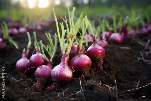 Onion plants row growing on field