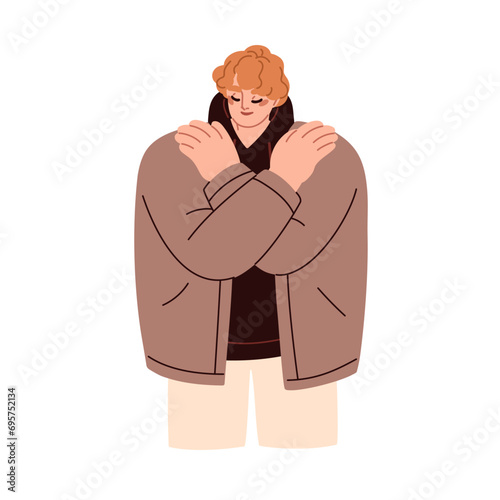 Self-hug. Man embracing own body with hands. Happy person cuddling himself with arms. Love, acceptance, pleasure, ego, psychology concept. Flat vector illustration isolated on white background