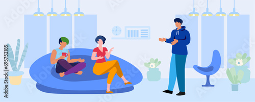 Young guy and girl, ivening, interior, сartoon flat vector illustration