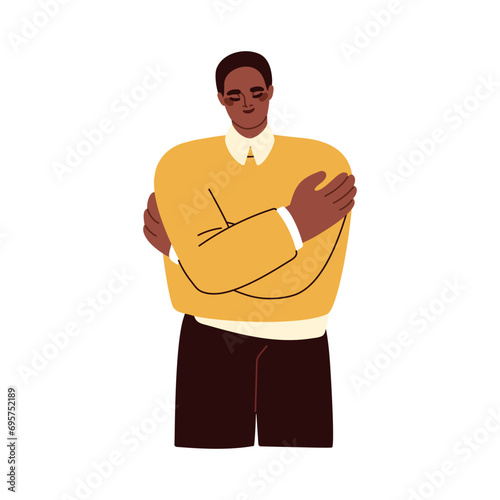 Happy black man embracing himself. Self-hug of own body, acceptance. Ego, proud, egoism, care, respect and love, psychology mental concept. Flat vector illustration isolated on white background