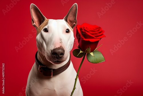 Print op canvas Valentines Day card with bullterrier with a beautiful red rose on a red background