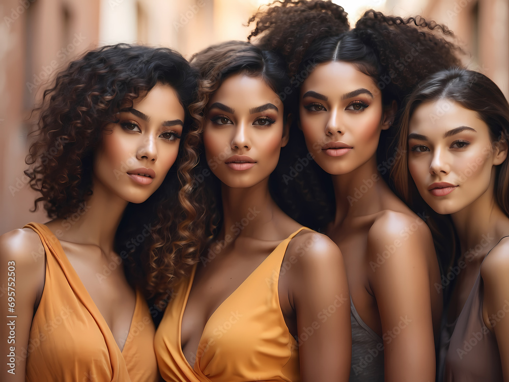 Obraz premium young pretty asian, caucasian, afro woman posing cheerful together on brown background, lifestyle diverse nationality people concept