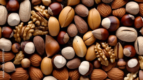 Seamless pattern of various nuts as background. Top view.