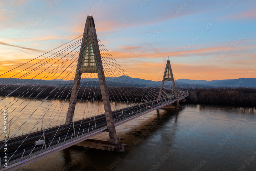 Obraz premium Aerial view about the famous Megyeri bridge at sunset.