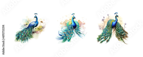 Elegant peacock with feathers spread out watercolor. Vector illustration design. photo