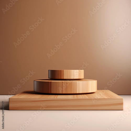 Wooden product display podium with brown background  Minimalistic nature background  Template design for cosmetics  beauty  nature product showcase  poster  banner  cover design  AI generated.