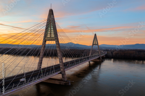 Fototapeta Naklejka Na Ścianę i Meble -  Aerial view about the famous Megyeri bridge at sunset.