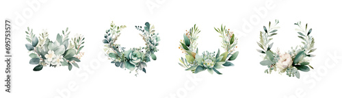 Watercolor .eucalyptus flower wreaths set. Vector illustration design.