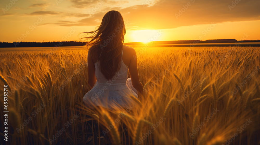 Young woman enjoying solitude in barley field at sun