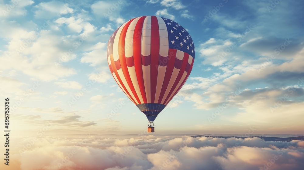 Fototapeta premium A hot air balloon, an airship flies in the clouds of the sky in the color of the flag of the United States of America.