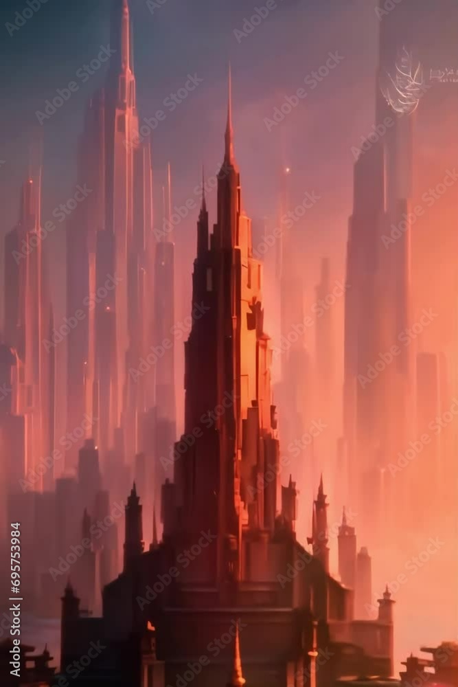 city at sunset in sci-fi cyberpunk. Virtual cinematic video scene animated background city at sunset in sci-fi cyberpunk. Virtual cinematic video scene animated background