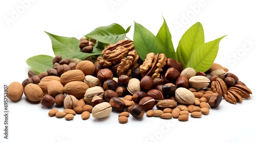 Mix of nuts with leaves isolated on white background. Healthy food.