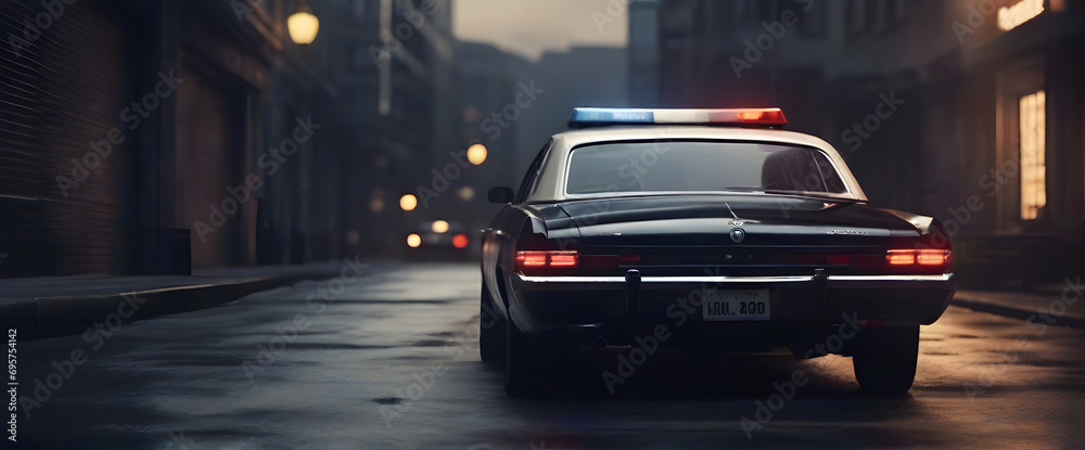 police classic car facing the camera, minimalist, deadpan, banal, cool, clinical, urban, iconic, conceptual, subversive, sparse, restrained, symbol - obrazy, fototapety, plakaty 