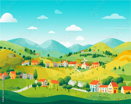 illustration vector of landscape with houses and mountains