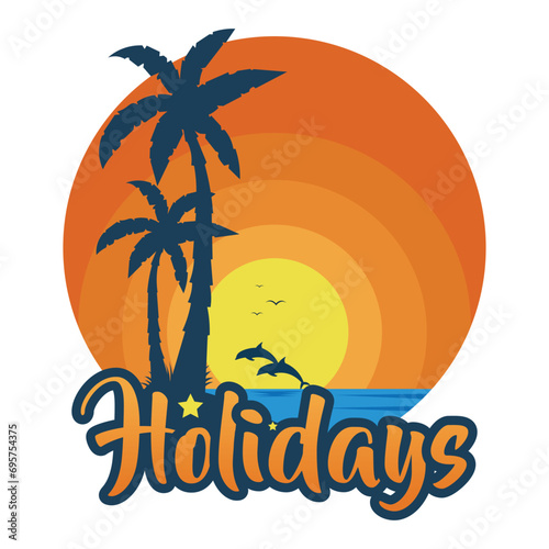 summer vacation on tropical beach Sunset label  with Palm trees  vector illustration