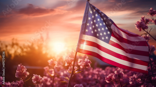 The flag of the United States of America flutters in nature against the backdrop of the setting sun in pink rays.