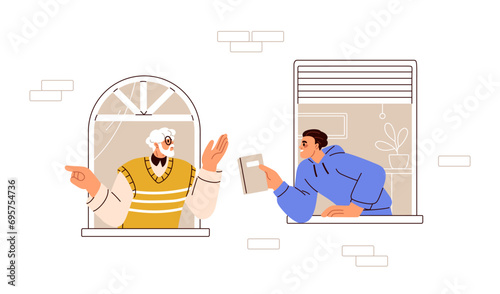 Bookcrossing between neighbors in condo. Neighbours sharing, giving book to read. Neighborhood, neighbourhood communication concept. Flat graphic vector illustration isolated on white background