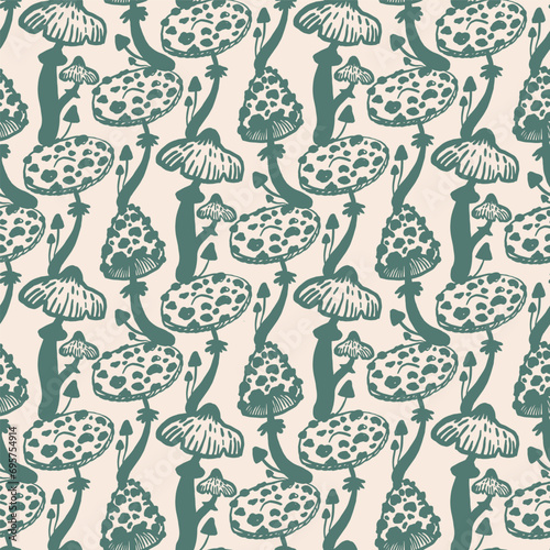 Hand drawn mushrooms seamless vector pattern. Mushroom caps, berries, fir branches, fir needles leaves for printing, fabric, textile, manufacturing, wallpapers.