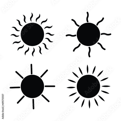 Sun, sun icons set of 4 in black and white color isolated on white background. Sun icon in flat design. Vector illustration for cartoon design. Vector.
