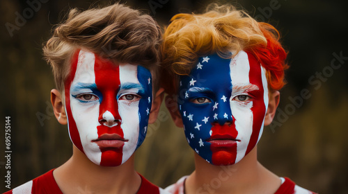 Two African-American dark-skinned guys with their faces painted in the color of the flag of the United States of America.