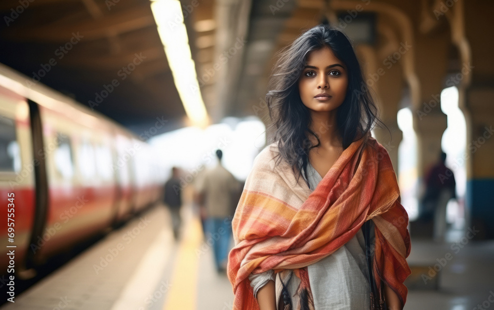 young indian woman standing at railway station - obrazy, fototapety, plakaty 