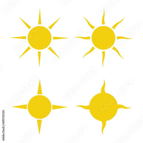 Sun, sun icons set of 4 in yellow color isolated on white background. Sun icon in flat design. Vector illustration for cartoon design. Vector.