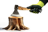 Manual worker with protective work gloves holding a modern axe or hatchet on a tree stump or log, isolated on white background. Generative Ai.