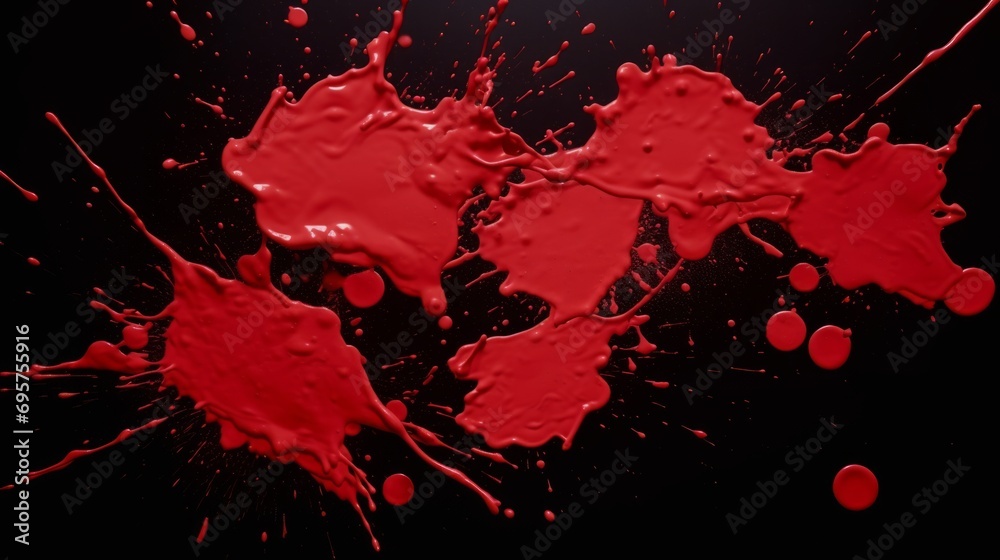 Red paint splash on black background. Blood splatter. Splash and drops of red liquid. Red paint splash on black background. Blood splatter. Splash and drops of red liquid.