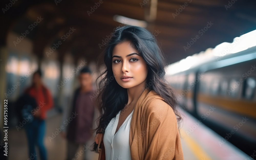 young indian woman standing at railway station