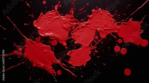 Red paint splash on black background. Blood splatter. Splash and drops of red liquid.