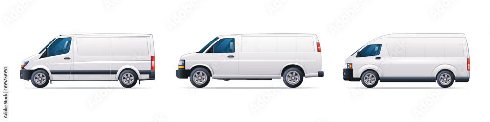 Set of van cars in different types. Cargo van collection side view vector illustration