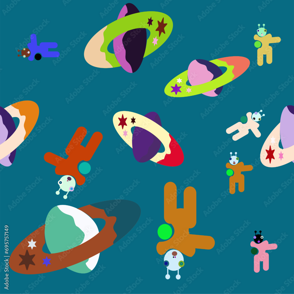  Cartoon alien, UFO, spaceship and space planets with galaxy stars landscape vector background. Cute galaxy explorer character.