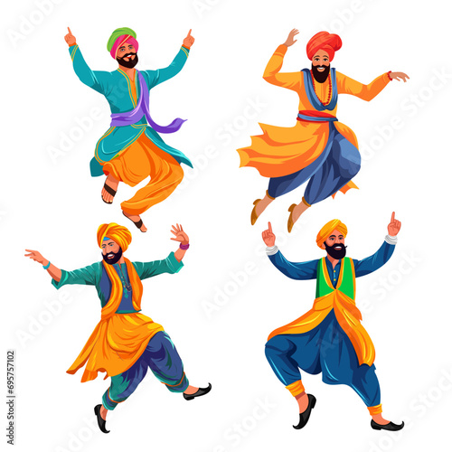 Bhangra dance in action, punjabi male cartoon character illustration set