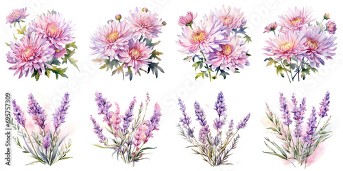 watercolor pink daisies and pink lavender flowers Artificial Intelligence Generative photo