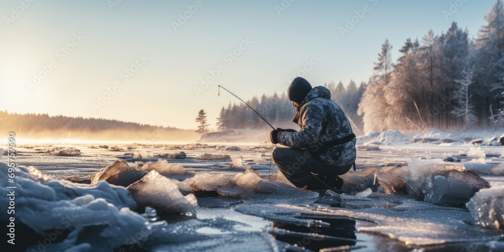 A man is pictured fishing on a frozen lake. This image can be used to depict winter activities and outdoor sports - obrazy, fototapety, plakaty 