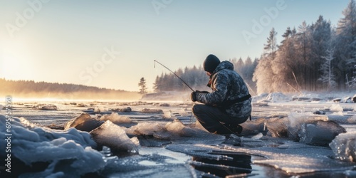 A man is pictured fishing on a frozen lake. This image can be used to depict winter activities and outdoor sports
